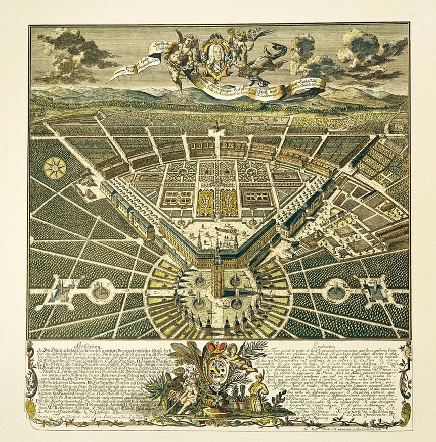 photo: Landesmedienzentrum Baden-Württemberg Bird's-eye view of the Residential Palace and the city of Karlsruhe, copper engraving, 1739, Christian Thran